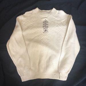 Vtg Winter Sweater-Large-Off White w/Brown & Green Embroidery- CK Grace-Canada